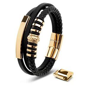 Mens Leather Bracelet Magnetic Clasp Stainless Steel Braided Wristband Gift Box